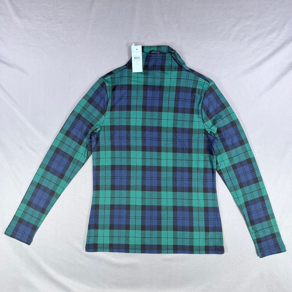 Ann Taylor Womens MP Green Plaid 100% Cotton Mock Neck Long Sleeve Top NWT 734